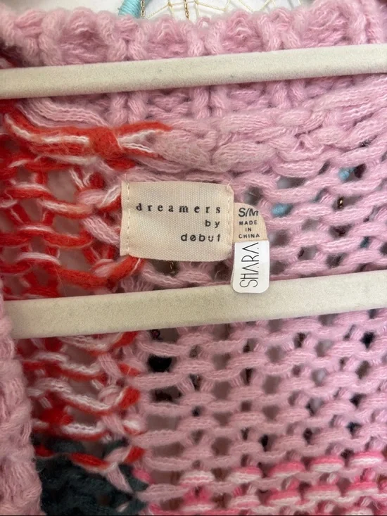 Chunky Patchwork Knit Cardigan Sweater - Pink Multi - Picture 3 of 4